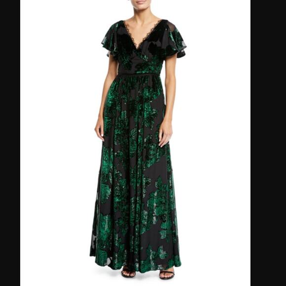 Marchesa Notte V-neck Velvet Burnout Lace Metallic Floral Maxi Dress Gown sz 6 - Picture 3 of 15